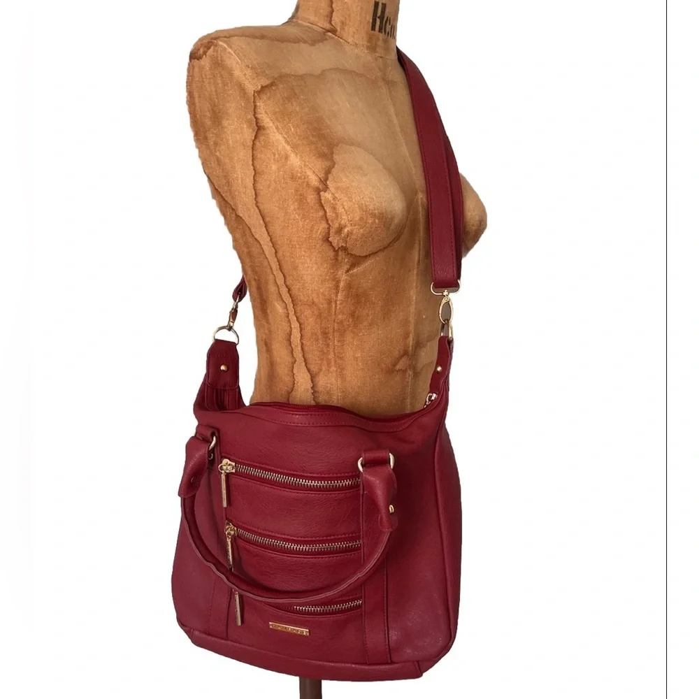 Rampage Large Convertible Crossbody Tote Handbag Red Faux Leather Gold Zip Front